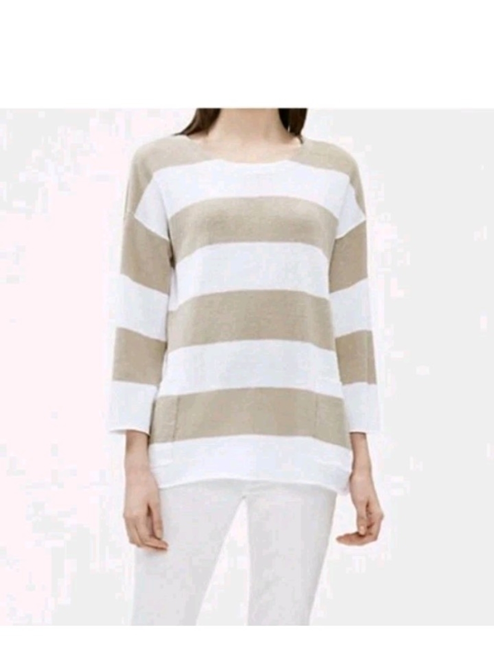 Eileen Fisher Organic Linen Knit White Beige Striped Sweater Large Pockets